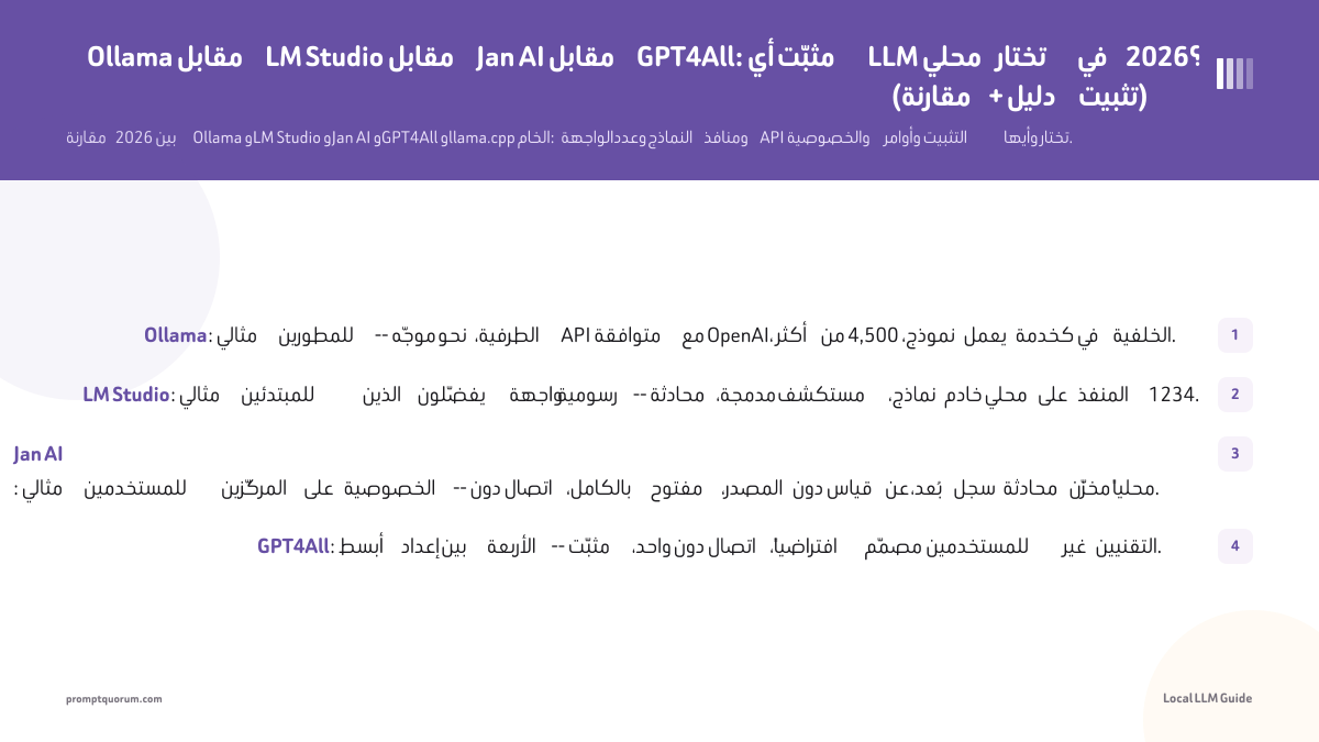 Ollama مقابل LM Studio مقابل Jan AI مقابل GPT4All: أي مثبّت LLM محلي تختار في 2026؟ (مقارنة + دليل تثبيت)