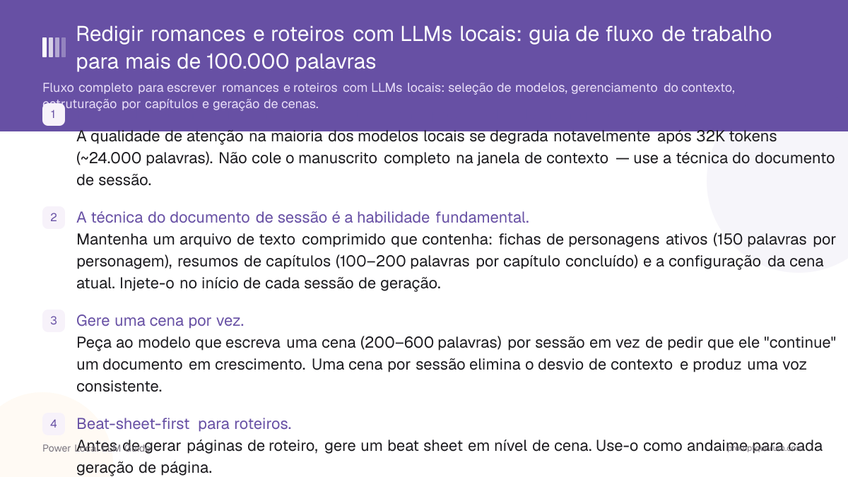 Redigir romances e roteiros com LLMs locais: guia de fluxo de trabalho para mais de 100.000 palavras