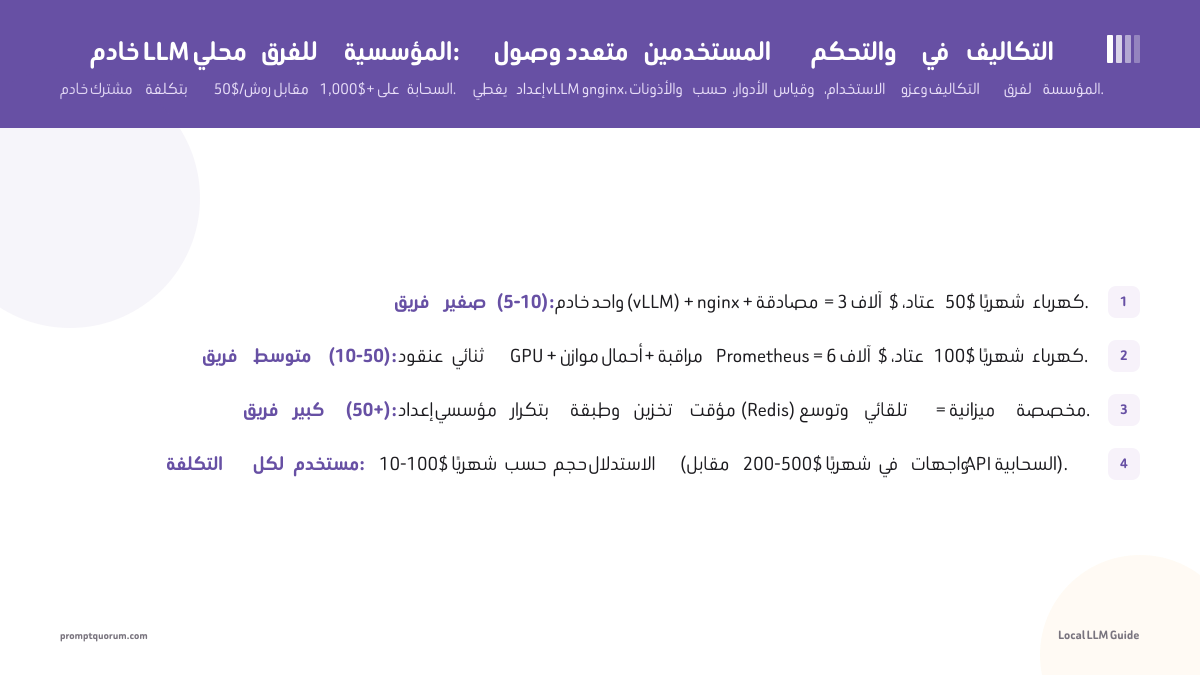 خادم LLM محلي للفرق المؤسسية: وصول متعدد المستخدمين والتحكم في التكاليف