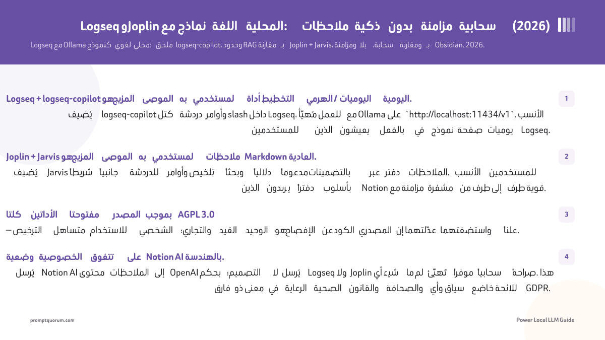 Logseq وJoplin مع نماذج اللغة المحلية: ملاحظات ذكية بدون مزامنة سحابية (2026)