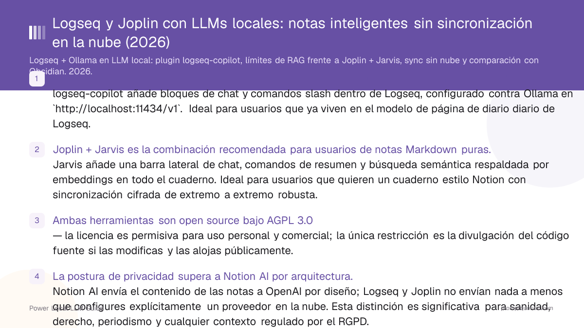 Logseq y Joplin con LLMs locales: notas inteligentes sin sincronización en la nube (2026)