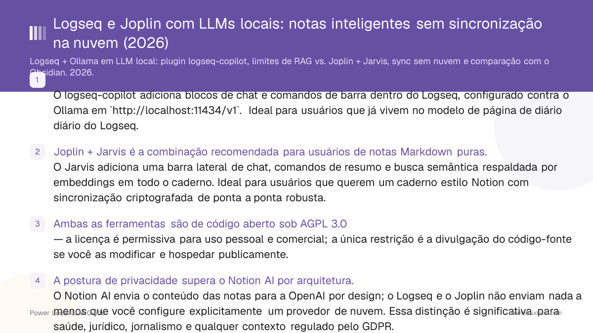 Logseq e Joplin com LLMs locais: notas inteligentes sem sincronização na nuvem (2026)