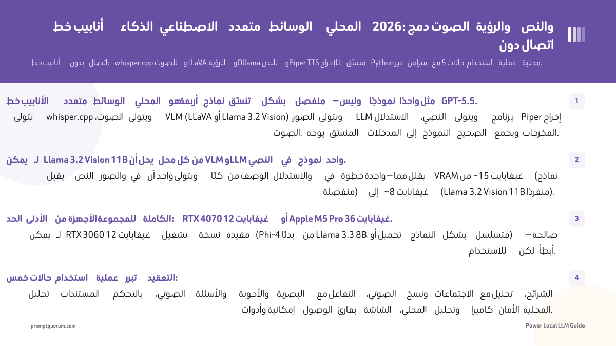 خط أنابيب الذكاء الاصطناعي متعدد الوسائط المحلي 2026: دمج الصوت والرؤية والنص دون اتصال