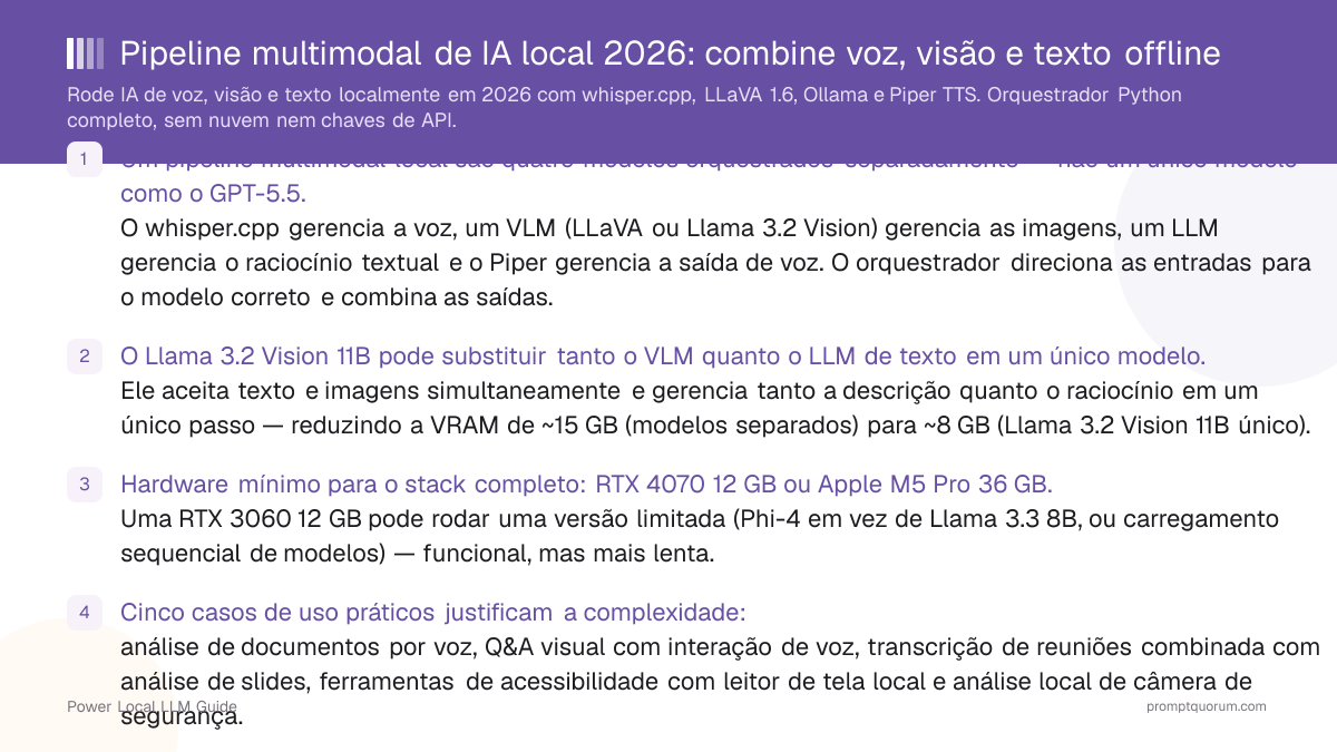 Pipeline multimodal de IA local 2026: combine voz, visão e texto offline