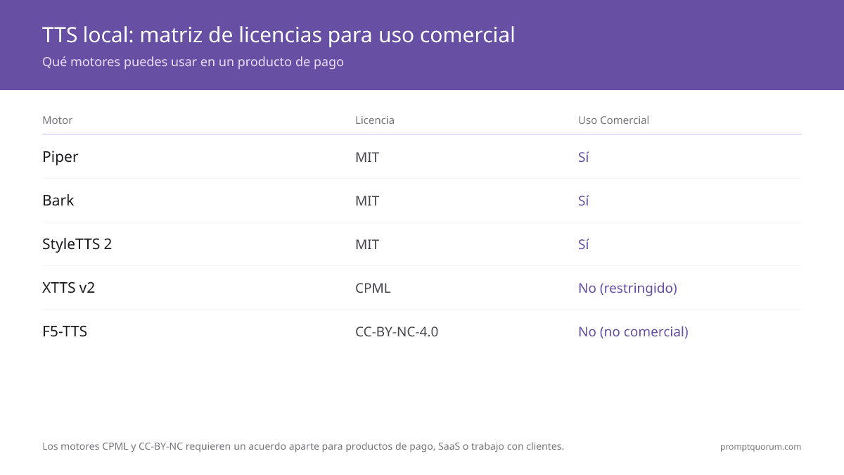 Piper, Bark y StyleTTS 2 tienen licencia MIT para uso comercial; XTTS v2 (CPML) y F5-TTS (CC-BY-NC) no la tienen.