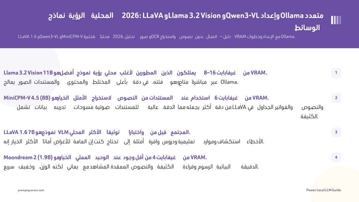 نماذج الرؤية المحلية 2026: LLaVA وLlama 3.2 Vision وQwen3-VL وإعداد Ollama متعدد الوسائط