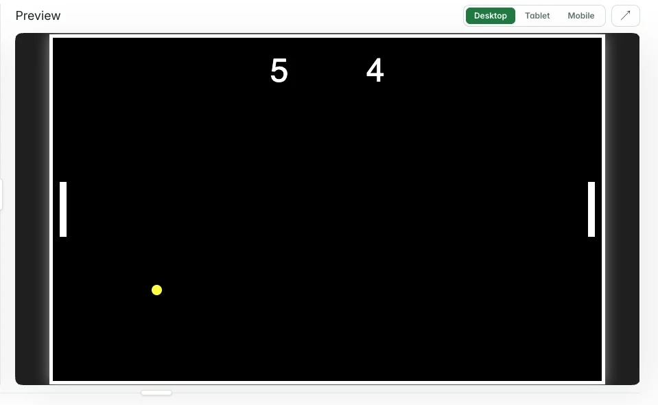 ピンポンゲームのコーディングエージェントのプレビュー：黒いフィールド、白いパドル2つ、黄色いボール、スコア5対4、Desktop・Tablet・Mobileの切り替え。