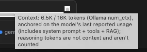 コンテキストメーターのツールチップ：16K中6.5Kトークン、Ollama num_ctx、推論トークンは含まない。