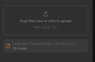 PDF、DOCX、TXTを挙げているDocsのドロップ領域。アップロードしたファイルは「20 chunks」と表示されている。
