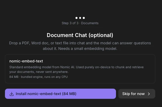 セットアップ3ステップ中のステップ3（任意のDocument Chat）：nomic-embed-text（84 MB）と、InstallおよびSkip for nowのボタン。