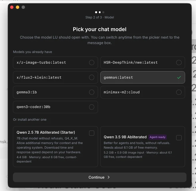 LUのセットアップのステップ2：マシンにすでにある7つのモデルでgemma4:latestが選択され、その下にインストール可能な入門用モデルが2つある。