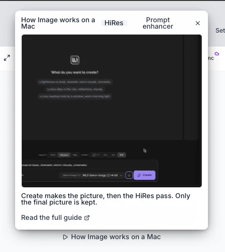 「How Image works on a Mac」のポップアップ。ぼかしたプレビュー、HiRes passについての文章、完全なガイドへのリンク。