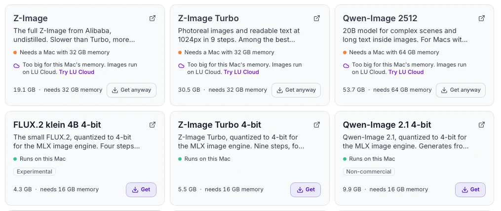 ダウンロードサイズ、必要メモリ、「Runs on this Mac」または「Too big for this Mac's memory」のラベルを示す6枚の画像モデルのカード。
