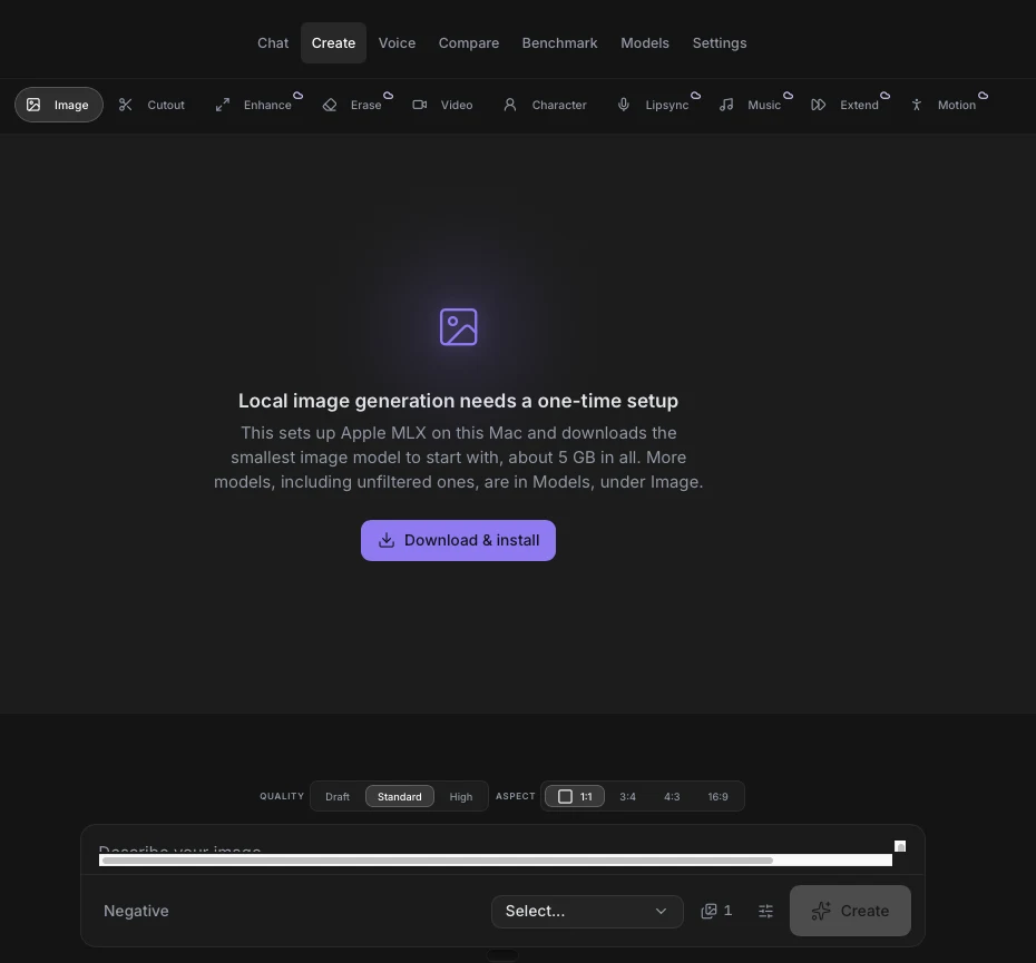 Createタブ、Image：ローカル画像生成には約5 GBの一度きりのセットアップが必要というメッセージと、Download and installボタン。