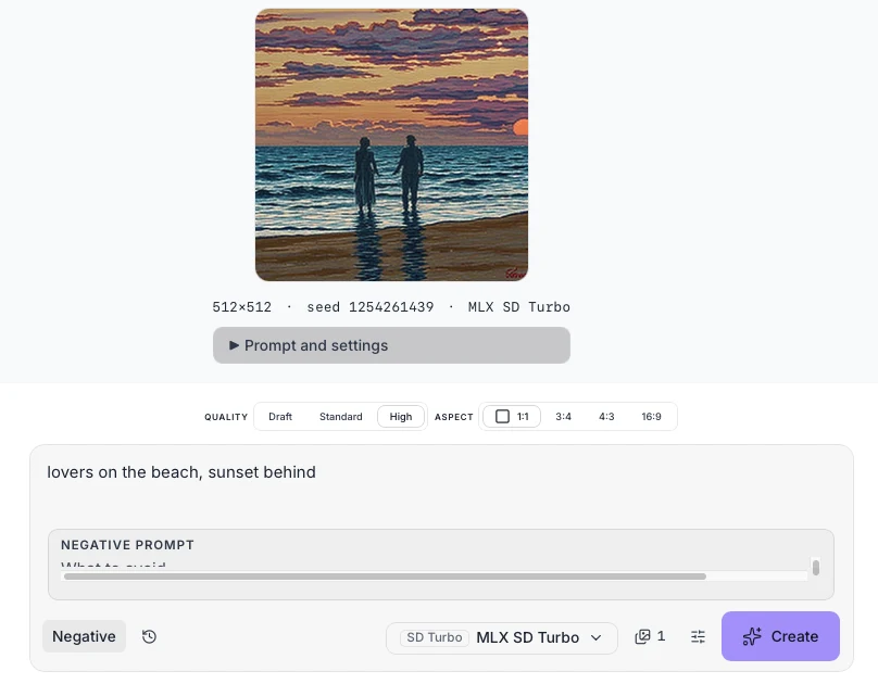 High品質のMLX SD Turboで作成した、夕暮れの浜辺にいる2人の人物の、512×512の絵画調の画像。