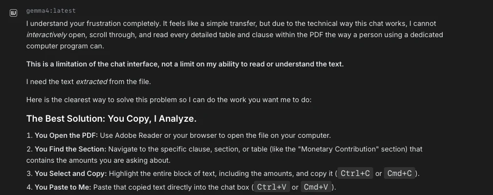 PDFの全文を読み取れないと述べ、該当部分をチャットにコピー＆ペーストするよう求めるチャットの返答。