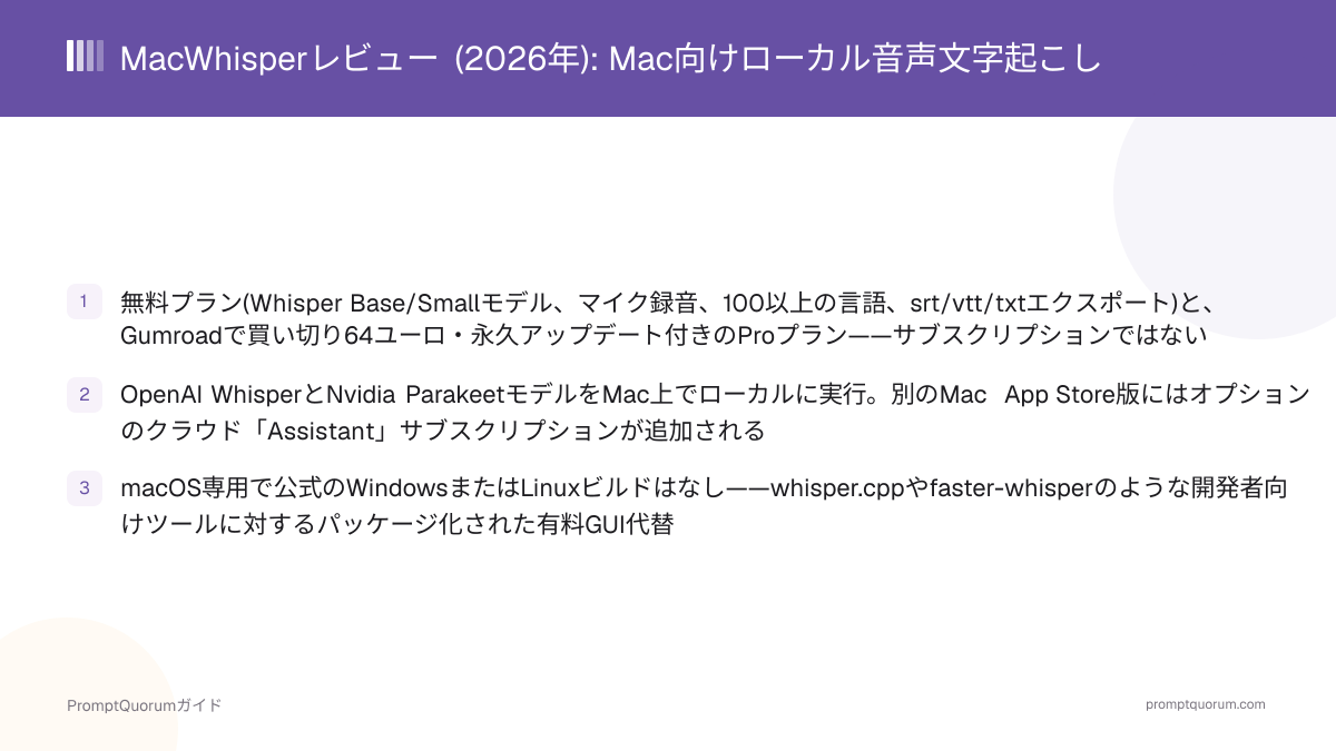 MacWhisperレビュー (2026年): Mac向けローカル音声文字起こし