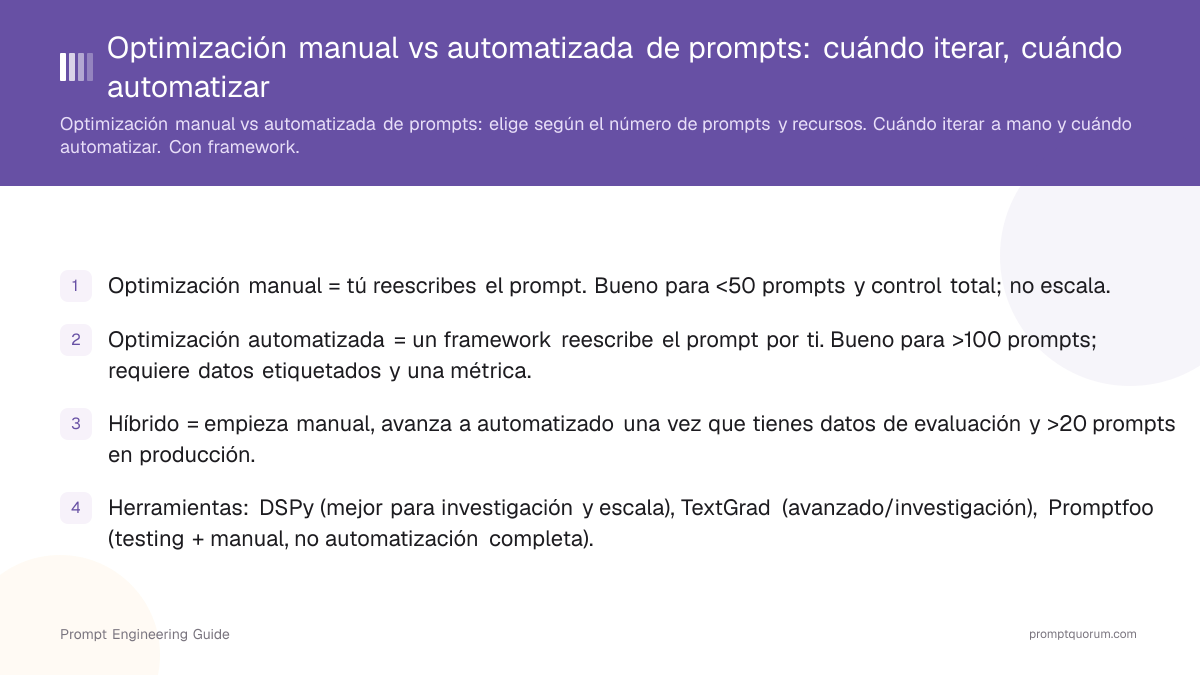 Optimización manual vs automatizada de prompts: cuándo iterar, cuándo automatizar