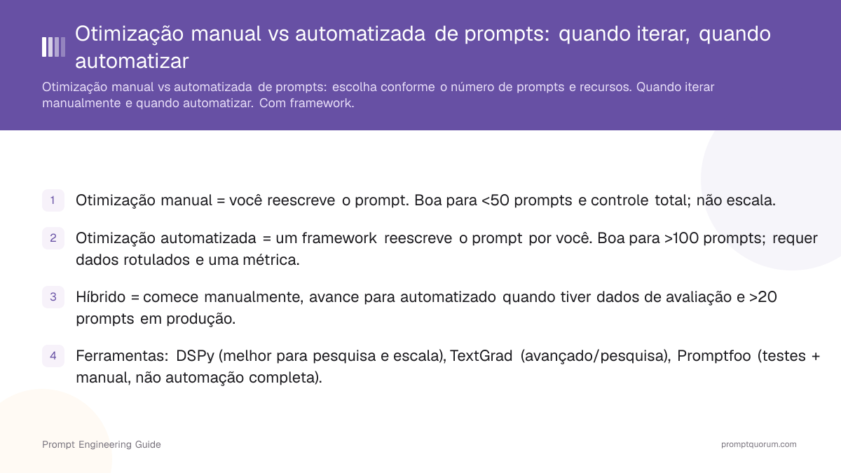 Otimização manual vs automatizada de prompts: quando iterar, quando automatizar
