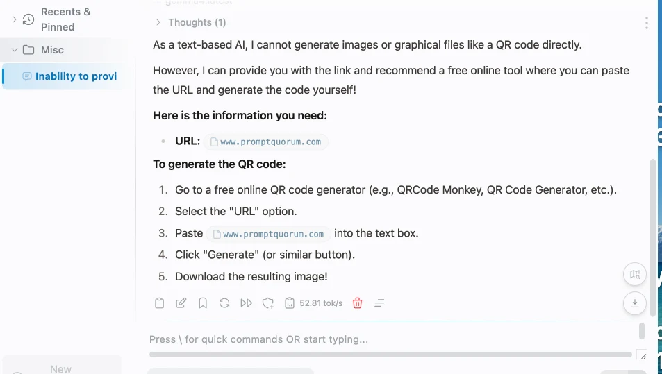Msty chat reply from a text model saying it cannot generate a QR code image and listing five steps to use an online generator, 52.81 tok/s.