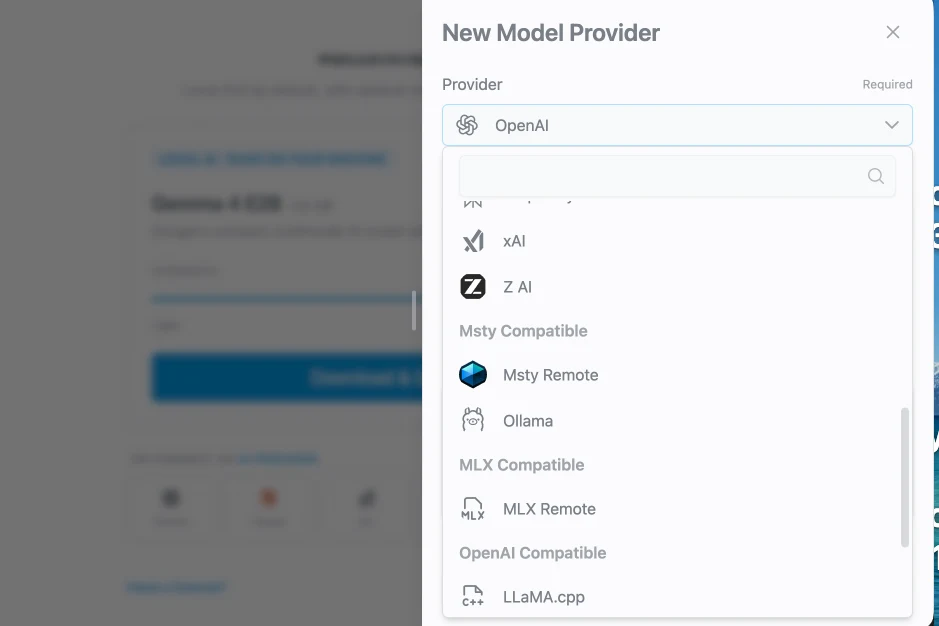 Msty New Model Provider list showing Msty Remote and Ollama under Msty Compatible, MLX Remote, and LLaMA.cpp under OpenAI Compatible.