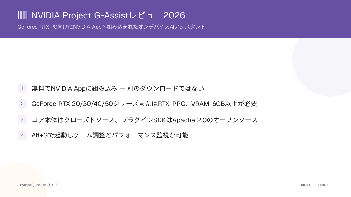 NVIDIA Project G-Assistレビュー2026:オンデバイスRTX AIアシスタントの要件と設定方法