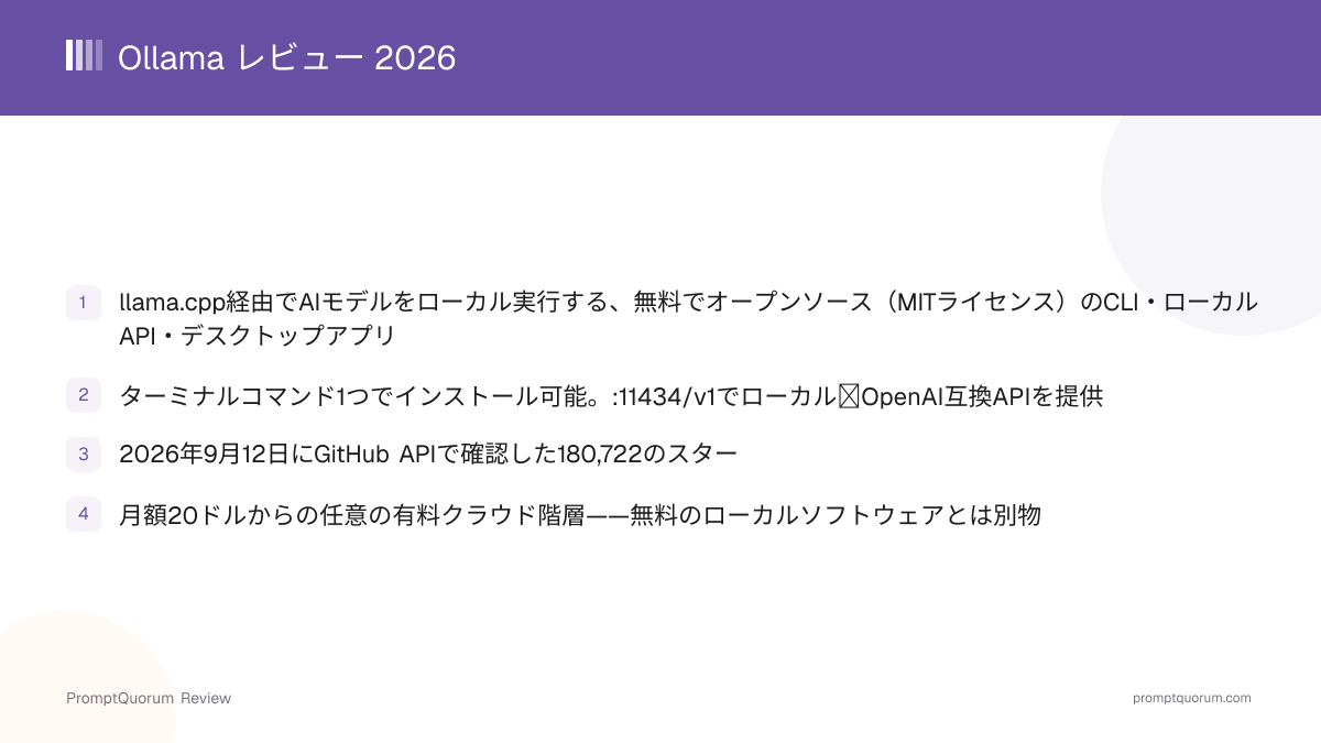 Ollama レビュー 2026:ワンコマンドで動くローカルLLMランタイム
