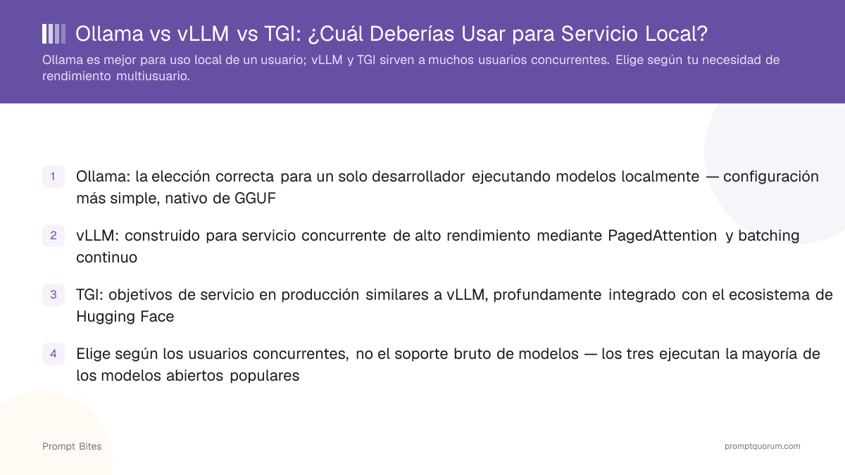 Ollama vs vLLM vs TGI: ¿Cuál Deberías Usar para Servicio Local?