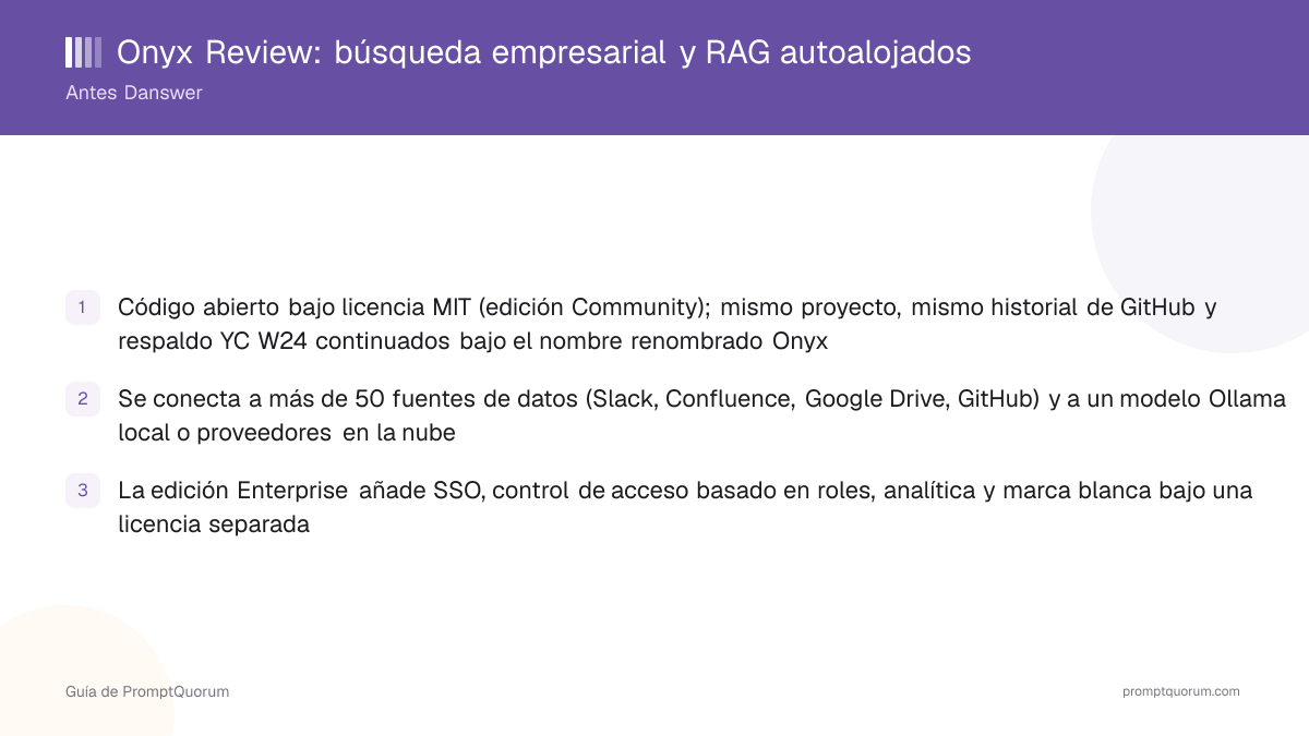 Onyx Review 2026: búsqueda empresarial y RAG autoalojados (antes Danswer)