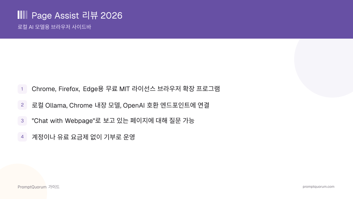 Page Assist 리뷰 2026: 로컬 AI 모델용 브라우저 사이드바