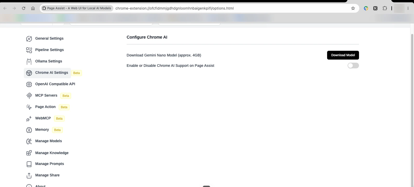 Menú de ajustes de Page Assist: General, Pipeline, Ollama, Chrome AI, OpenAI Compatible API, MCP Servers, Page Action, WebMCP, Memory, Manage Models y más.