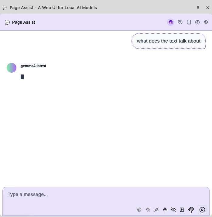 Panel lateral de Page Assist en Chrome: el usuario preguntó 'what does the text talk about'; gemma4:latest muestra solo un cursor parpadeante, sin respuesta.
