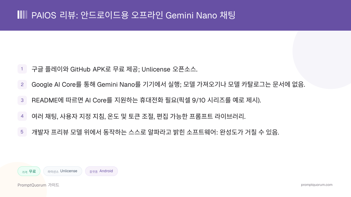 PAIOS 리뷰: 안드로이드용 오프라인 Gemini Nano 채팅