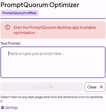 Ventana emergente de la extensión PromptQuorum Optimizer del evaluador con 'PromptQuorum offline' y un campo de prompt vacío.