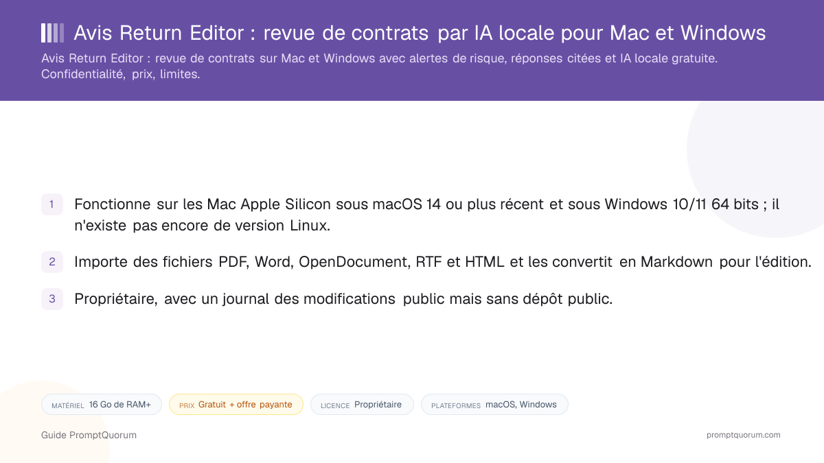 Avis Return Editor : revue de contrats par IA locale pour Mac et Windows