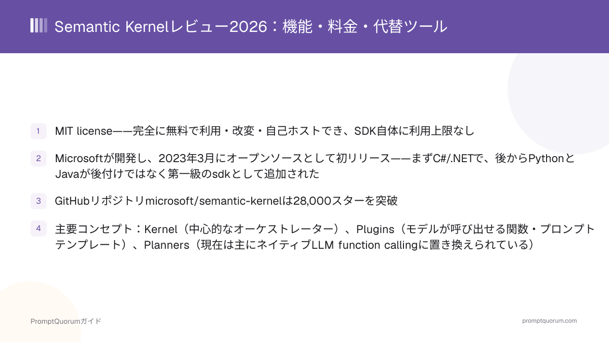 Semantic Kernelレビュー2026:機能・料金・代替ツール
