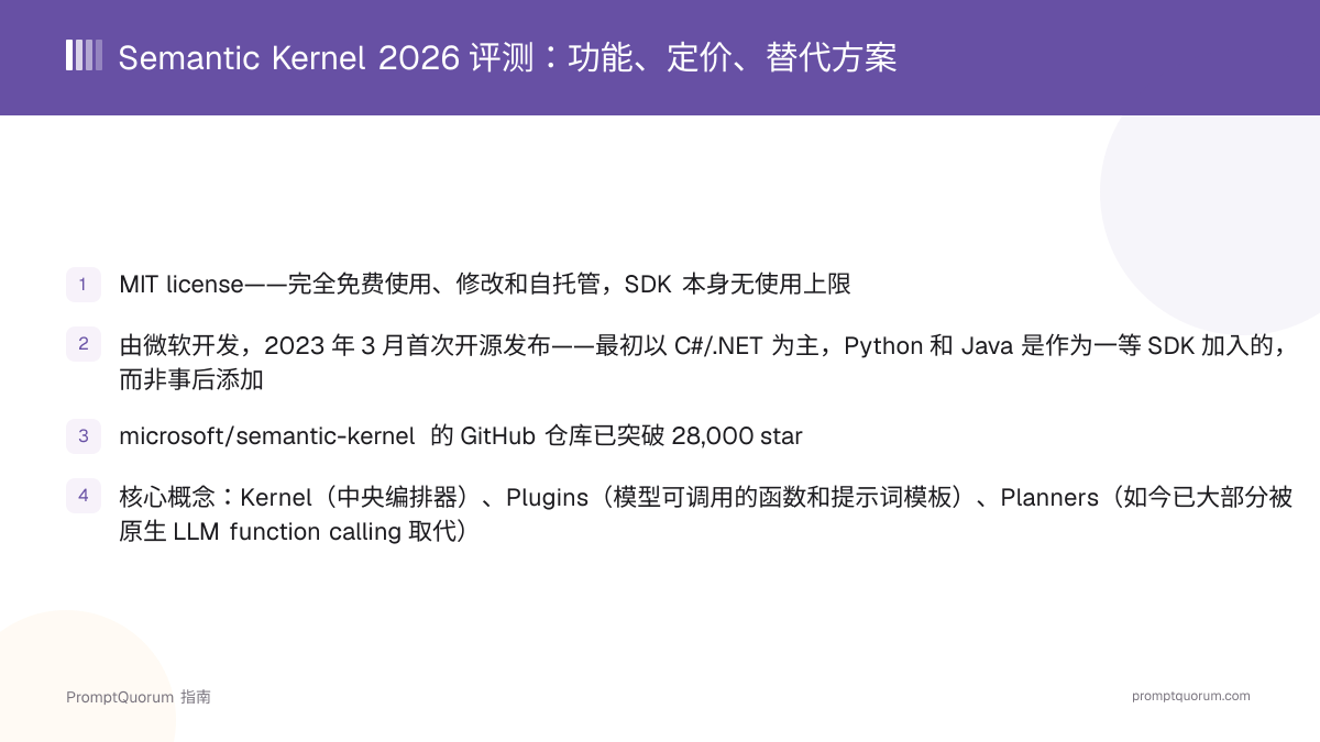 Semantic Kernel 2026 评测:功能、定价、替代方案