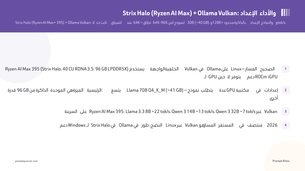 Strix Halo (Ryzen AI Max) + Ollama Vulkan: الإعداد والأداء