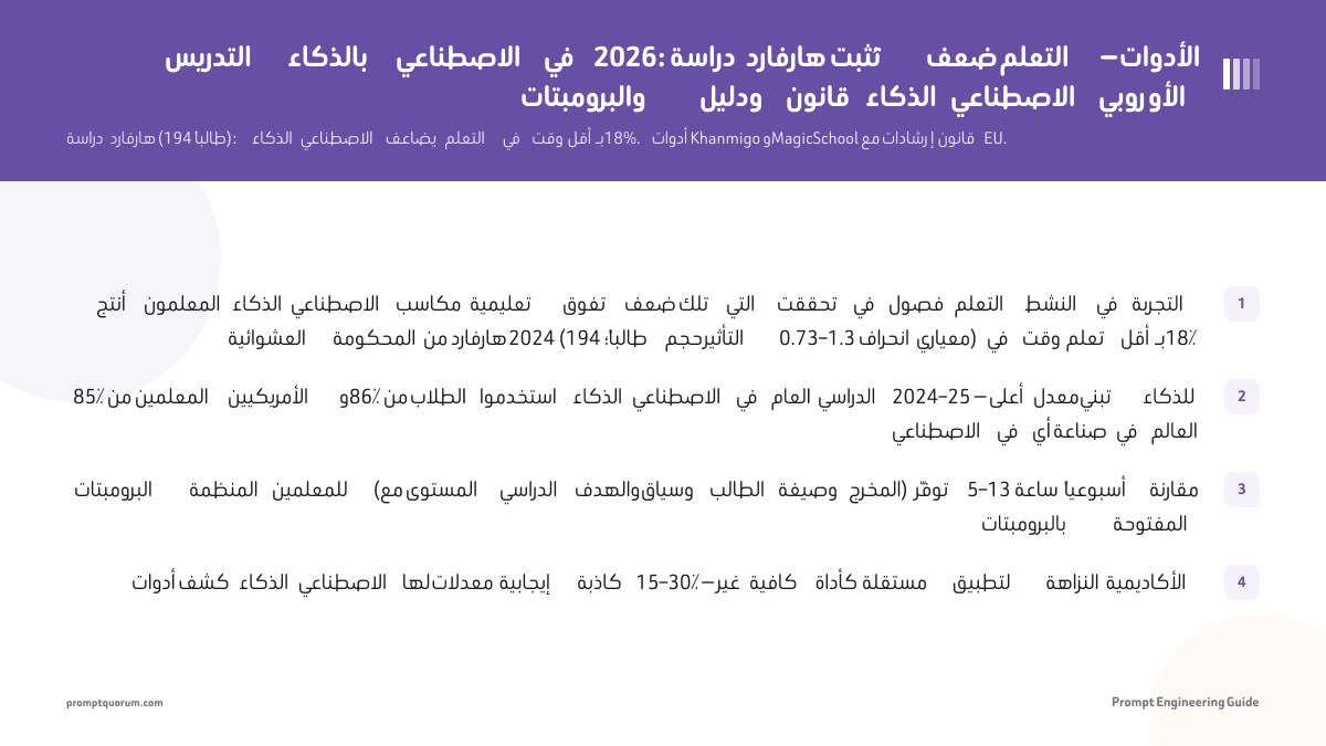 التدريس بالذكاء الاصطناعي في 2026: دراسة هارفارد تُثبت ضعف التعلم — الأدوات والبرومبتات ودليل قانون الذكاء الاصطناعي الأوروبي