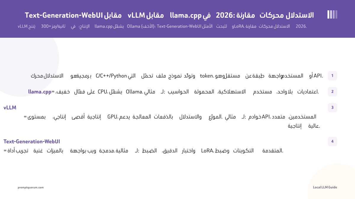 Text-Generation-WebUI مقابل vLLM مقابل llama.cpp في 2026: مقارنة محركات الاستدلال