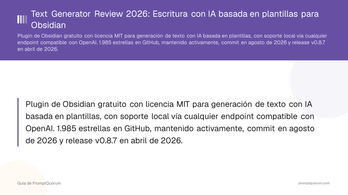 Text Generator Review 2026: Escritura con IA basada en plantillas para Obsidian