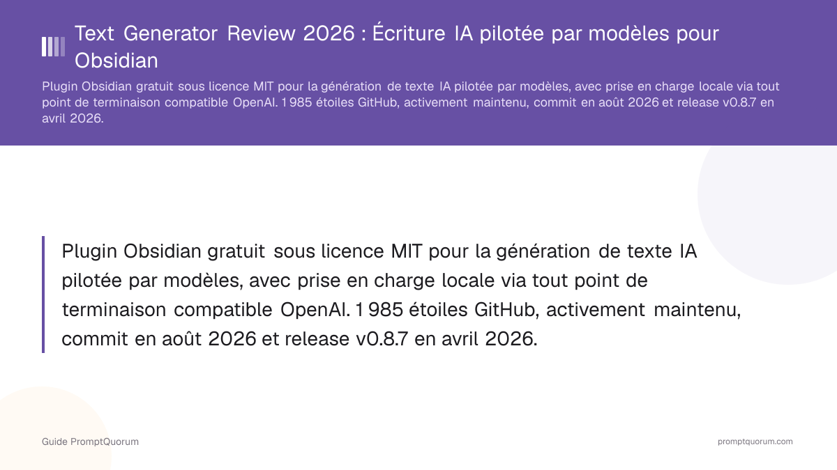 Text Generator Review 2026 : Écriture IA pilotée par modèles pour Obsidian