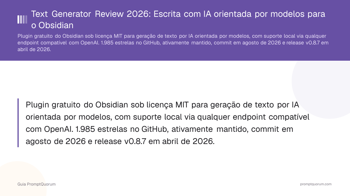 Text Generator Review 2026: Escrita com IA orientada por modelos para o Obsidian
