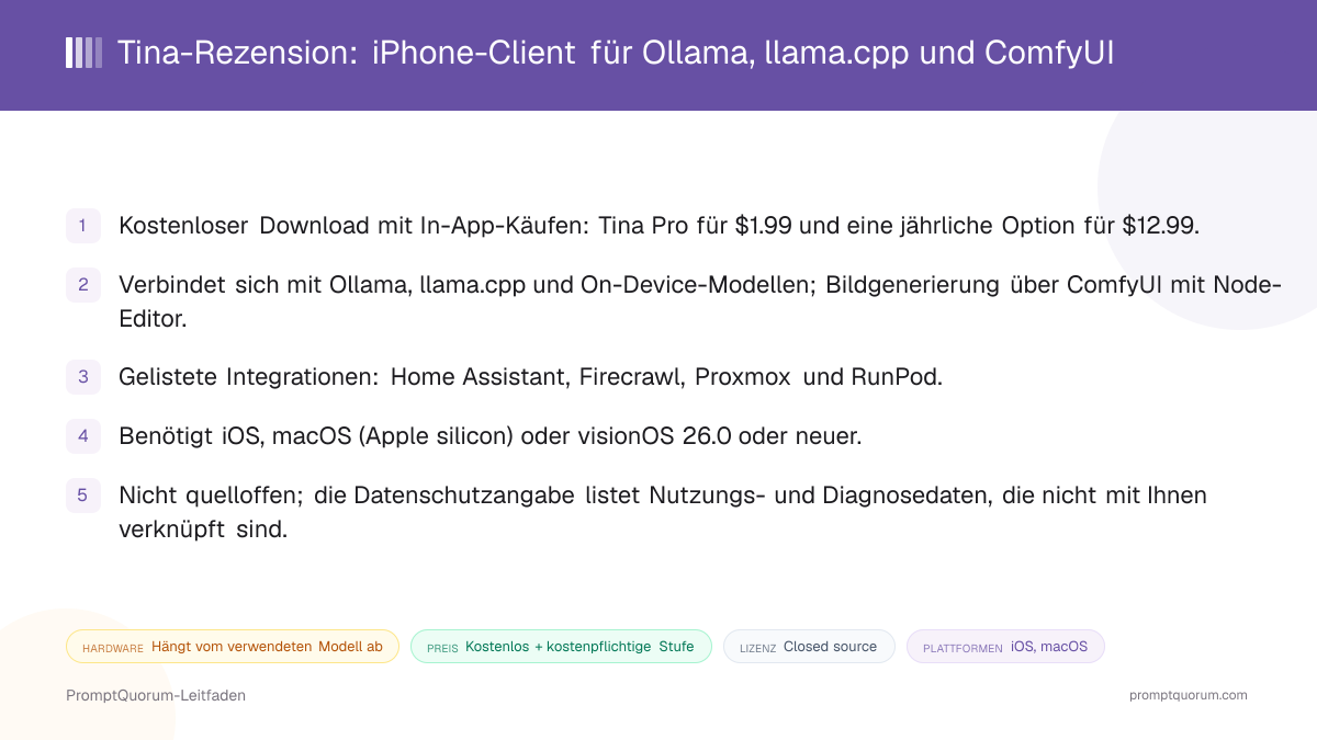 Tina-Rezension: iPhone-Client für Ollama, llama.cpp und ComfyUI