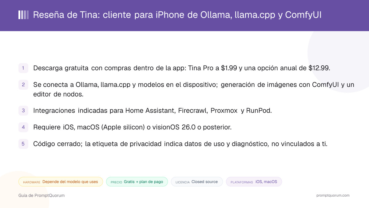 Reseña de Tina: cliente para iPhone de Ollama, llama.cpp y ComfyUI