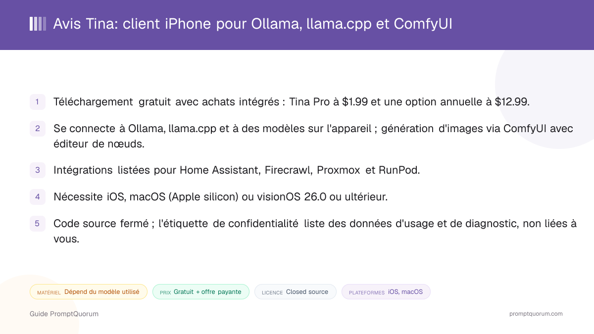 Avis Tina: client iPhone pour Ollama, llama.cpp et ComfyUI