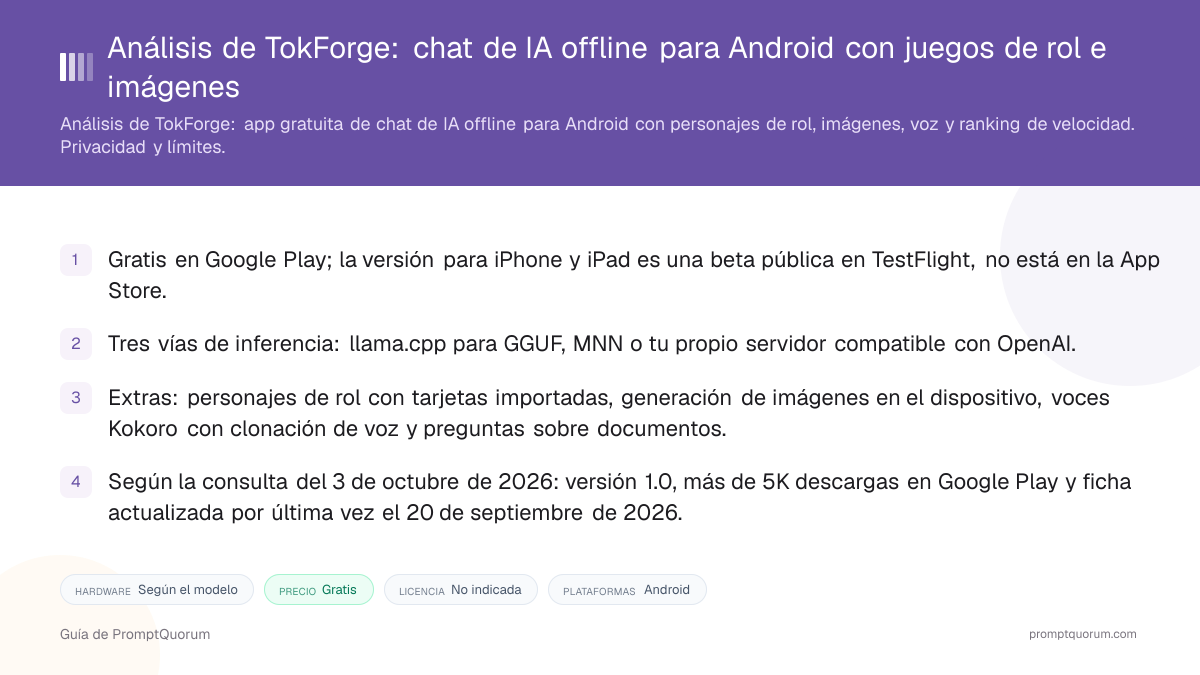 Análisis de TokForge: chat de IA offline para Android con juegos de rol e imágenes