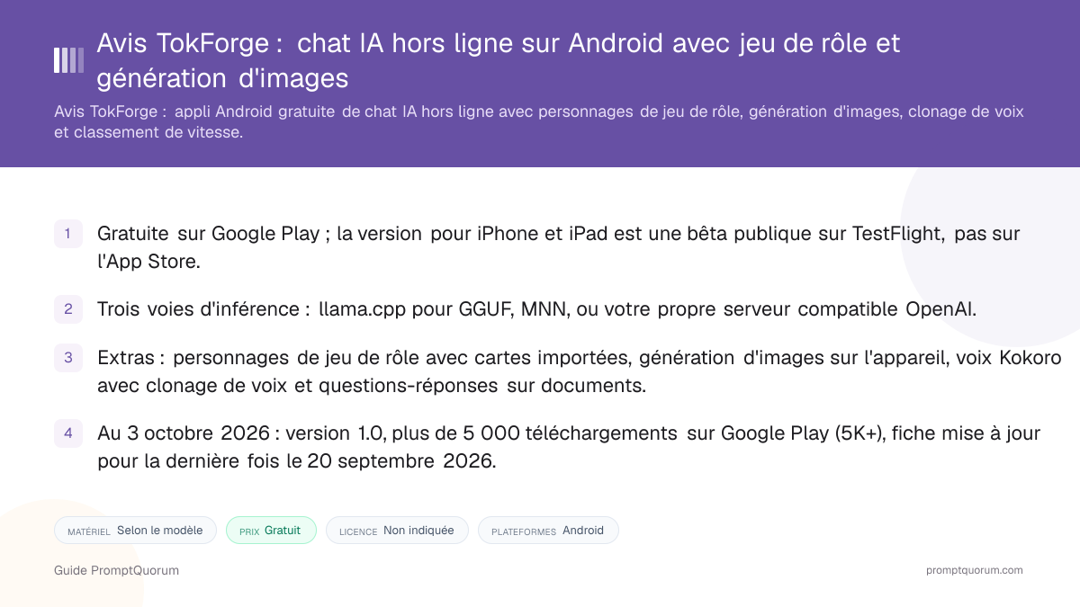 Avis TokForge : chat IA hors ligne sur Android avec jeu de rôle et génération d'images
