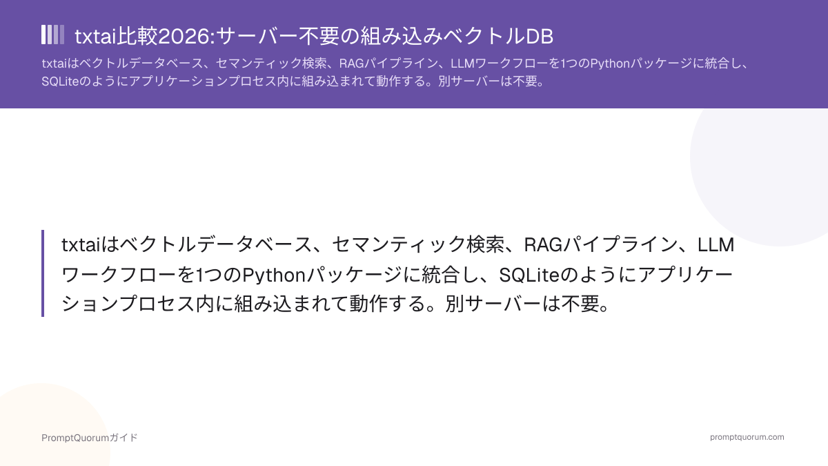 txtai比較2026:サーバー不要の組み込みベクトルDB(Apache 2.0)