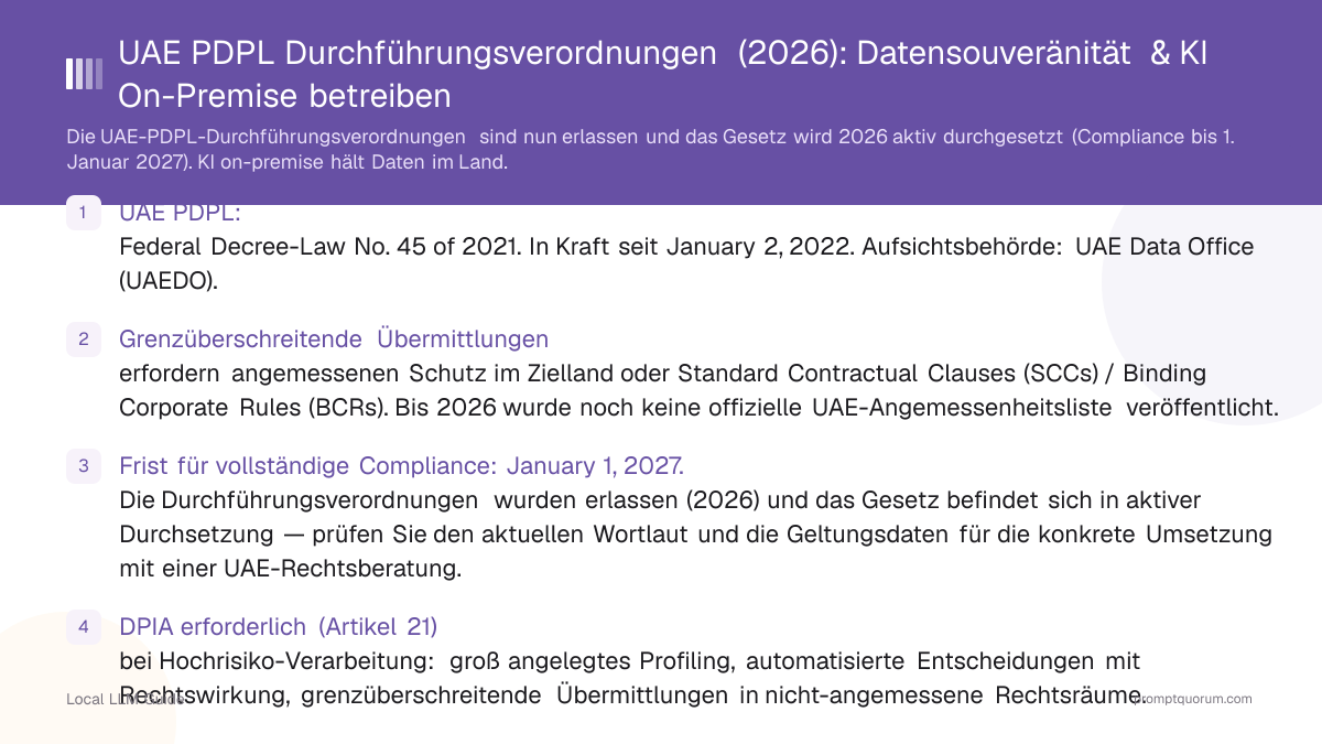 UAE PDPL Durchführungsverordnungen (2026): Datensouveränität & KI On-Premise betreiben